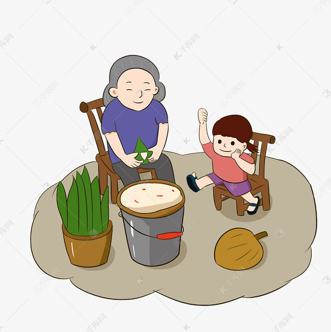端午节传统习俗奶奶包粽子手绘插