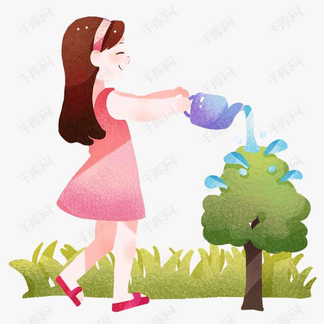 植树节给树木浇水的小女孩插画
