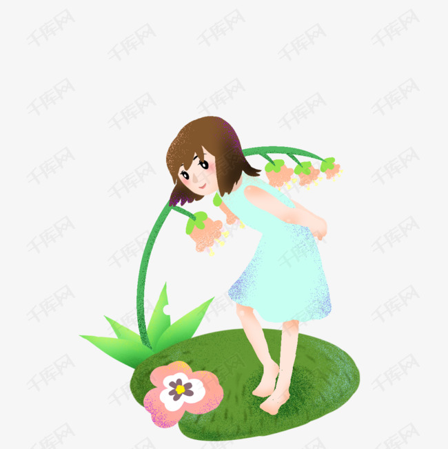 清明弯腰赏花插画女孩初中课程品德设计思想图片