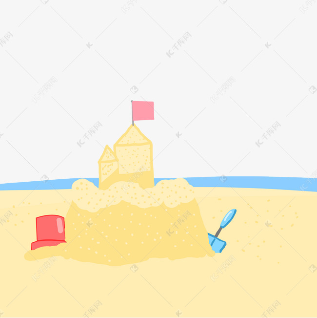 卡通沙滩上的沙子城堡和大海