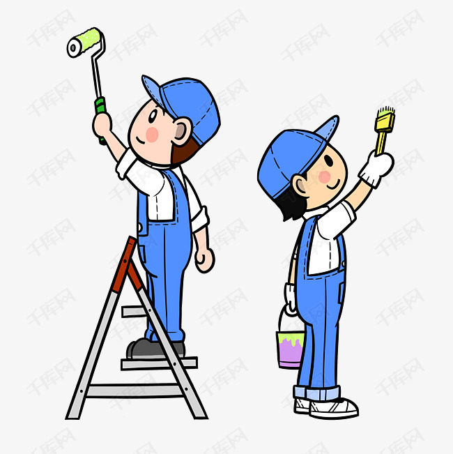 卡通油漆工人登梯子粉刷png透