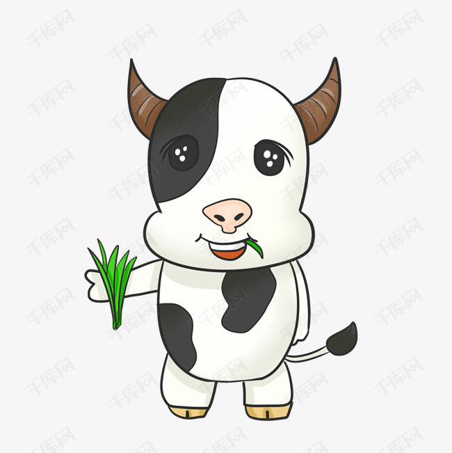 可爱小奶牛吃草插画