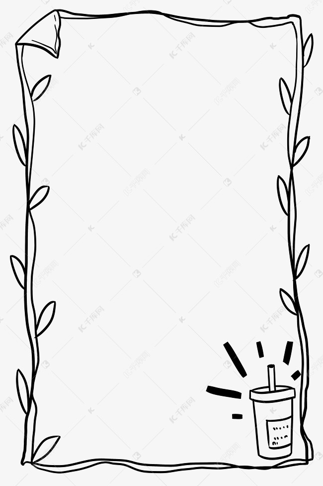 黑白手绘盆栽植物边框