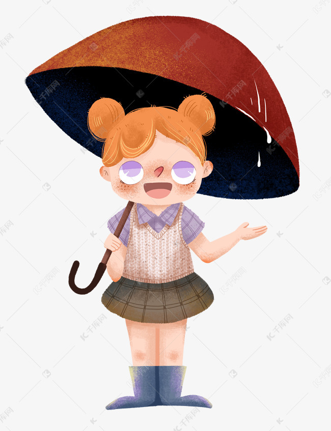 扁平风格卡通手绘人物雨天玩耍女