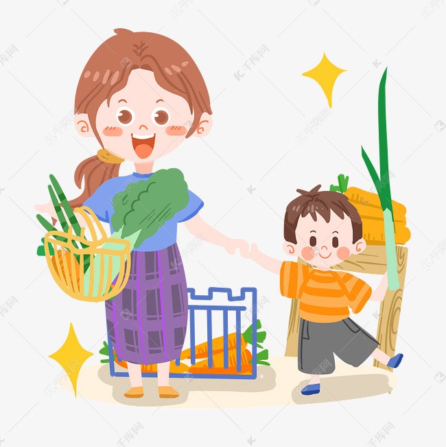 卡通母亲和孩子去菜市场png素材