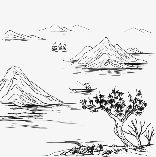 圆珠笔山水简笔画素材图片免费下载_高清png_千库网(图片编号8216420)