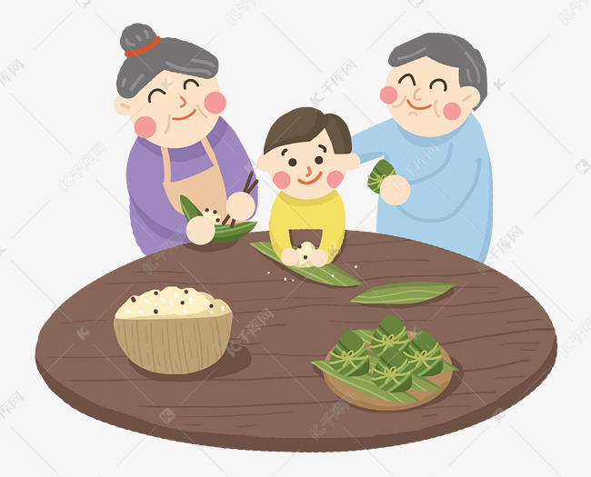 端午节爷爷奶奶教孩子包粽子