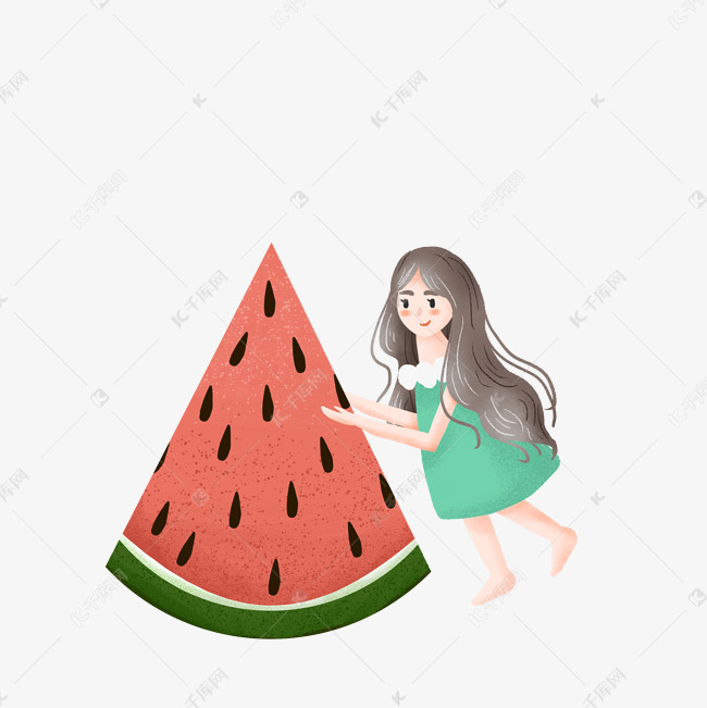 简约抱着西瓜的女孩插画海报免抠
