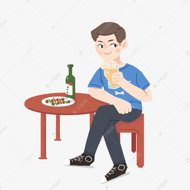卡通男孩吃串喝酒