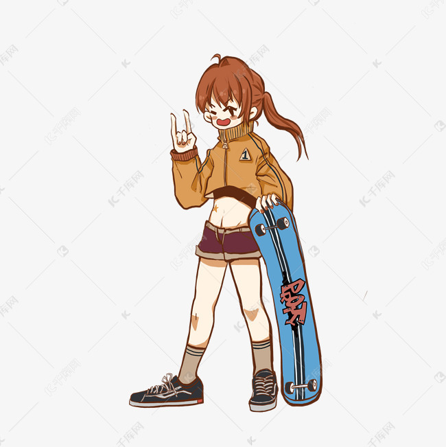 卡通玩滑板的女孩免抠图