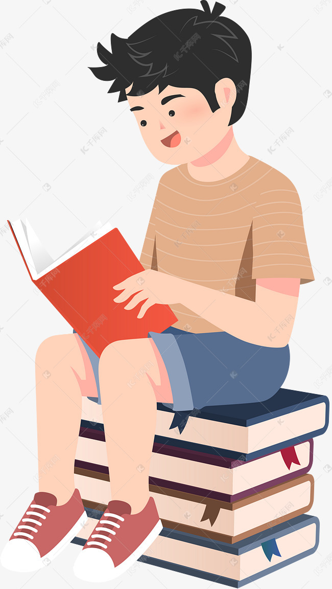 坐在书上看书的男生