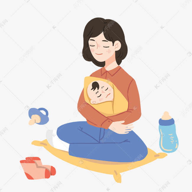 抱着婴儿睡觉的妈妈的插画