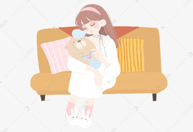小女孩哄娃娃睡觉插画