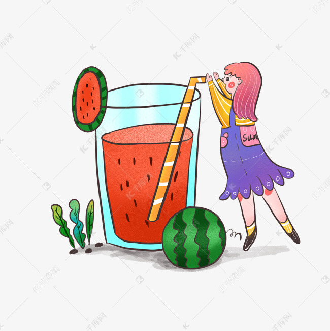 夏天卡通可爱女孩喝西瓜果汁免扣
