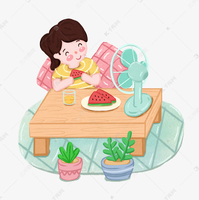 夏天吃西瓜吹风扇的小女孩png