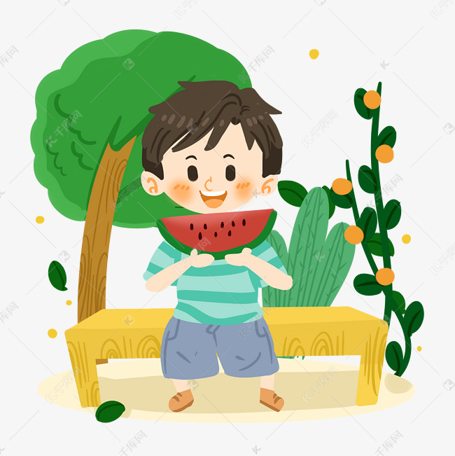 夏日卡通男孩吃西瓜png素材