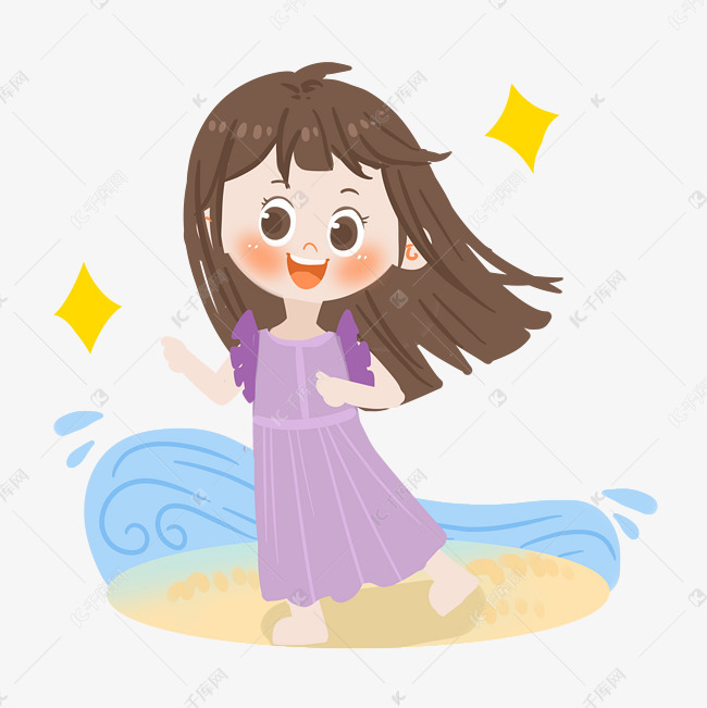 夏日卡通女孩在沙滩上奔跑png