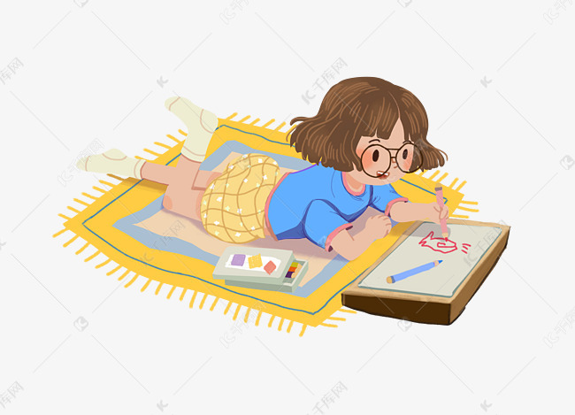 儿童节玩耍趴在地上画画的小女孩
