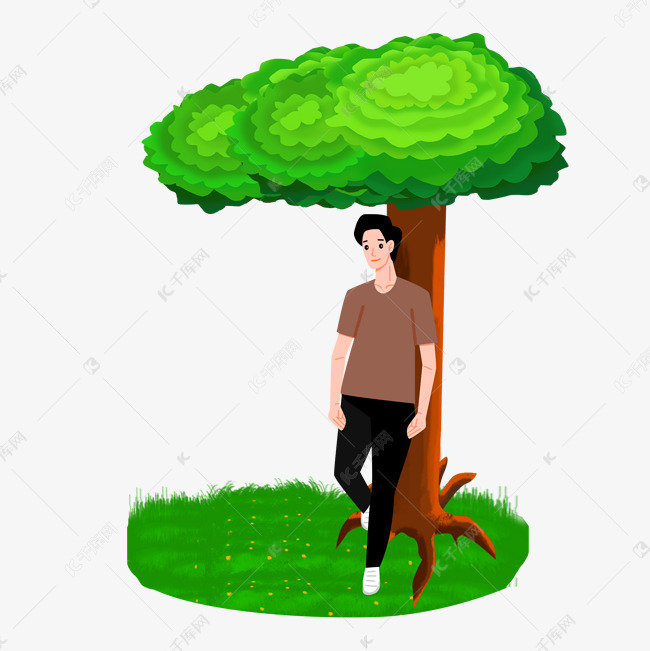 男孩背靠大树