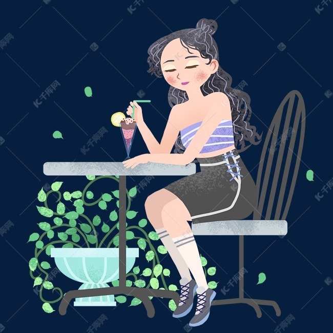 卡通夏季女孩喝饮料