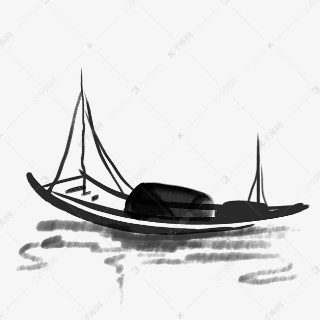 古风划桨水墨渔船素材图片免费下载-千库网
