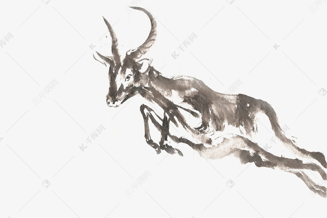 奔腾的羊水墨画png免抠素材