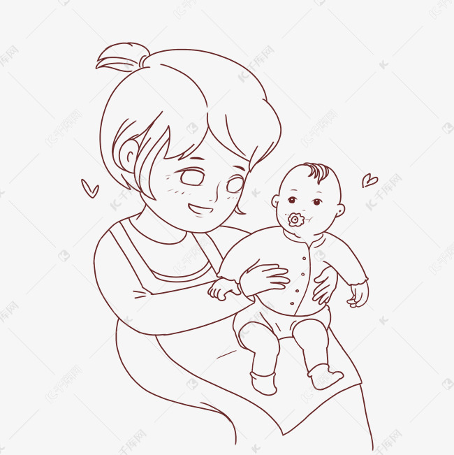 棕色母亲节妈妈抱婴儿线稿