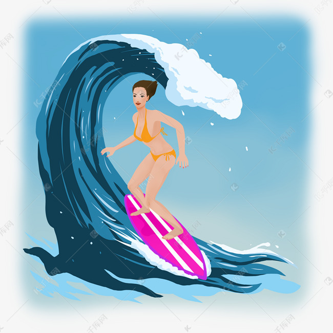 紫色冲浪板黄色比基尼女孩