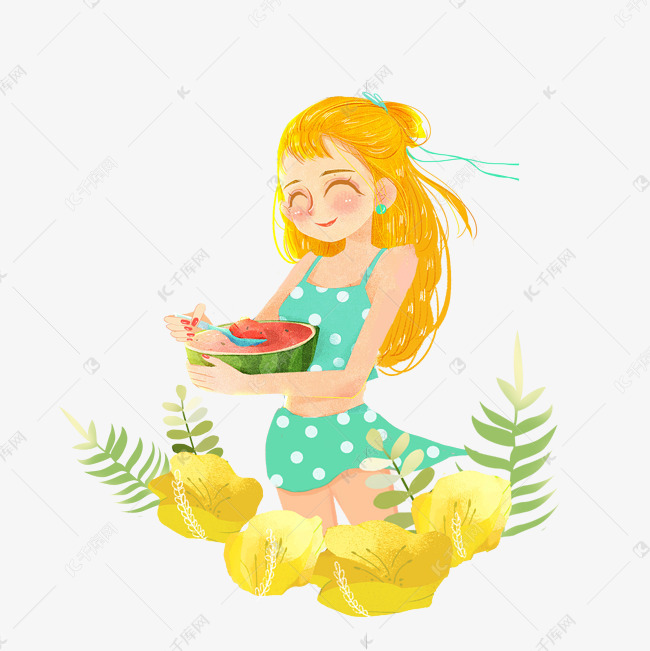 夏天吃西瓜女孩png素材