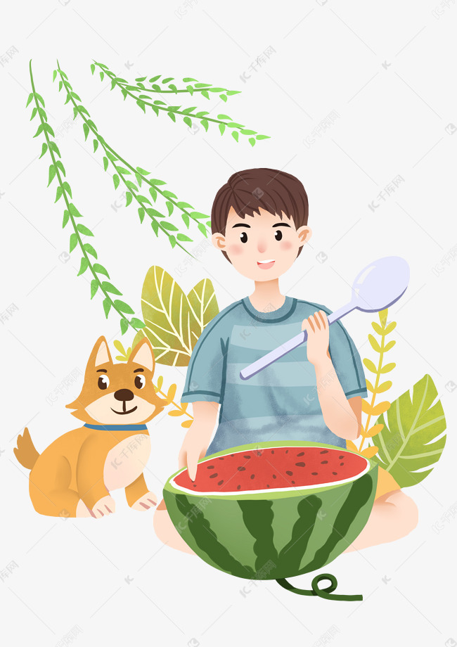 夏至吃西瓜男孩