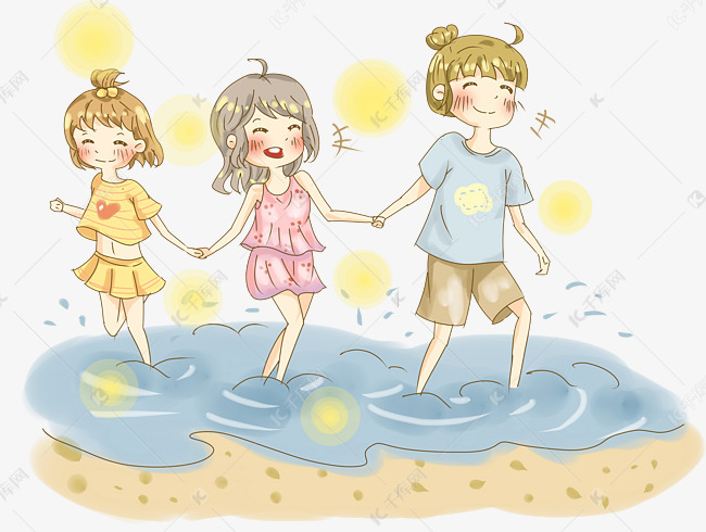 夏日好朋友手拉手海滩玩水插画p