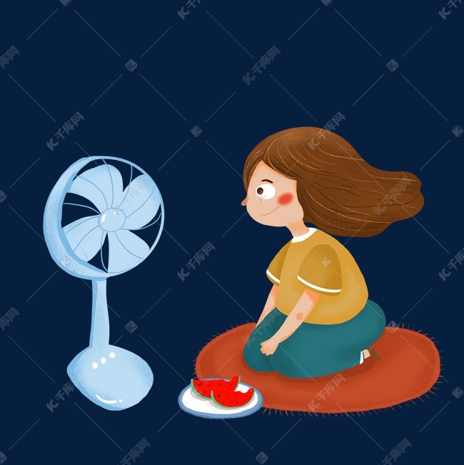 卡通夏季女孩吹电扇元素
