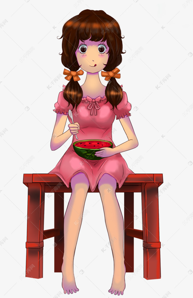 坐在木凳上吃西瓜的女孩