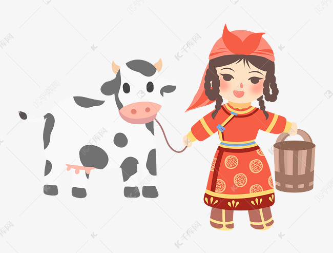 牵奶牛少数民族蒙古女孩