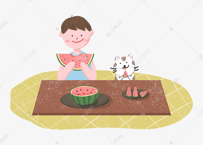夏至夏天二十四节气男孩与猫吃西瓜素材图片免费下载-千库网