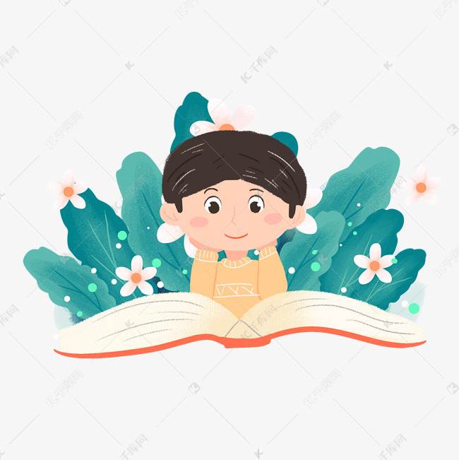 手绘趴着看书男孩素材