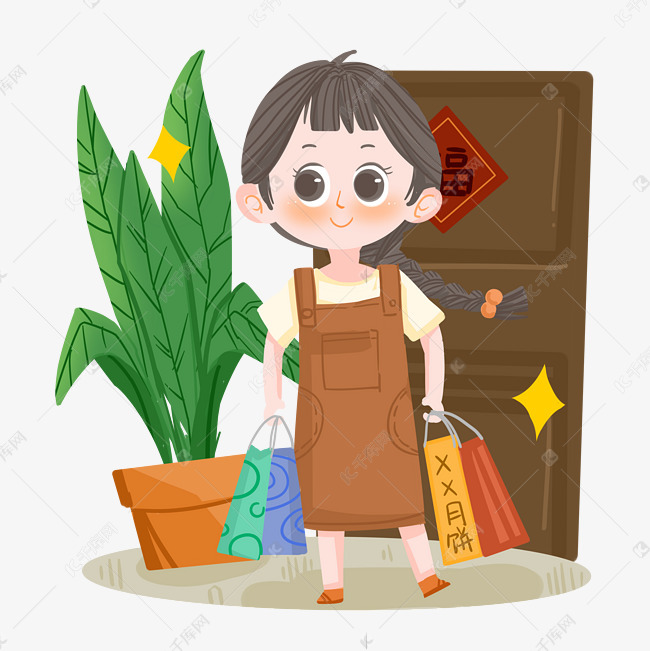 中秋节卡通女孩买月饼和礼盒回家