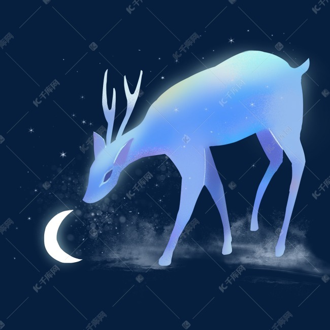 梦幻动物蓝色小鹿和月亮