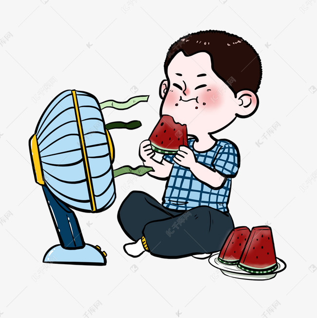 节气人物夏季大暑吹风扇吃西瓜