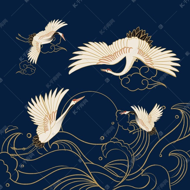 金色华丽中国古典仙鹤浪月