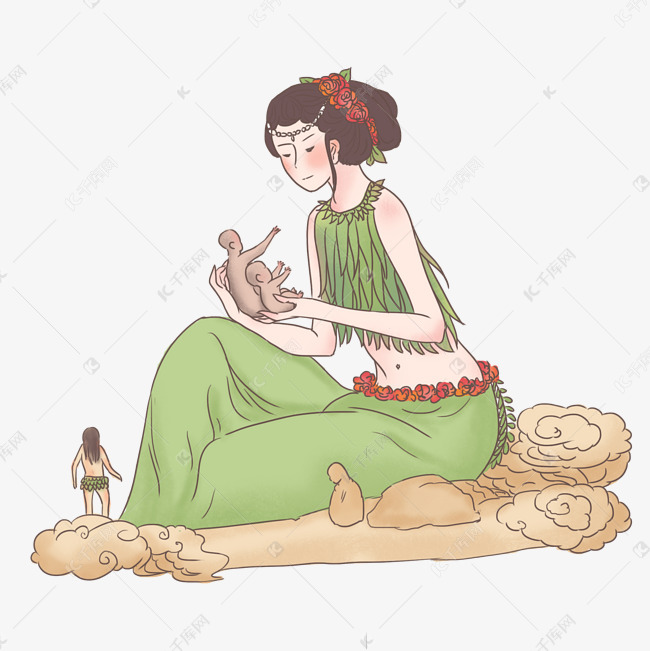 手绘中国古代神话传说女娲造人
