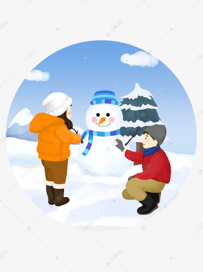 情侣冬季下雪雪地游戏堆雪人