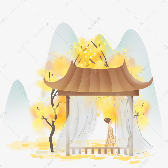 古风秋天亭子里的少女