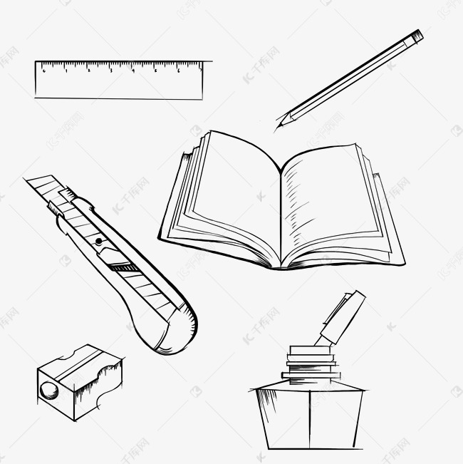 手绘黑色素描文具