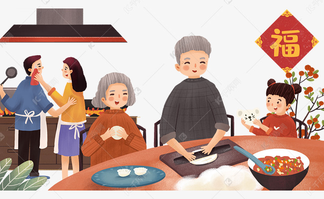 一家人包水饺温馨