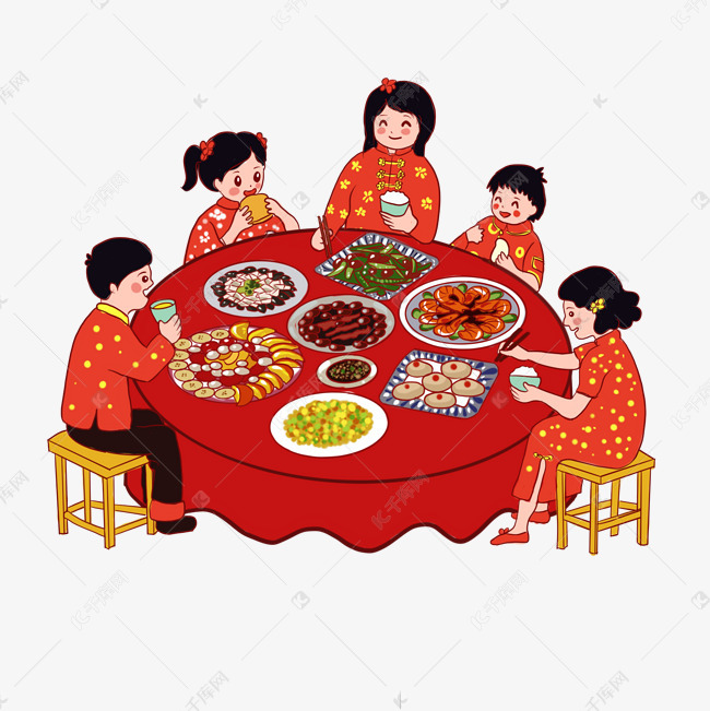春节全家年夜饭卡通