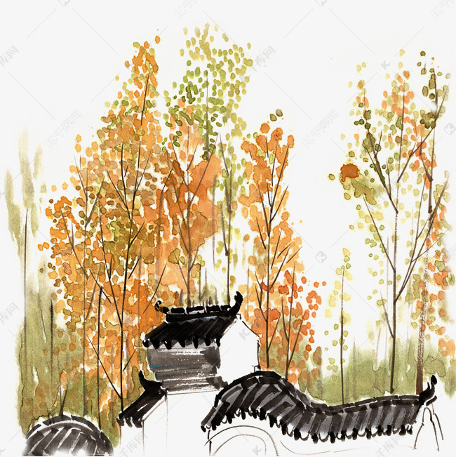 水墨画古建筑与杨树林