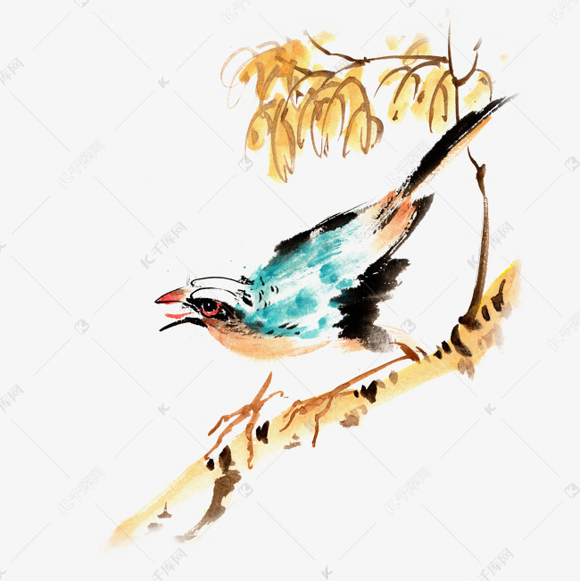 水墨画黄叶下的小鸟