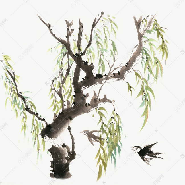 水墨画柳树与燕子