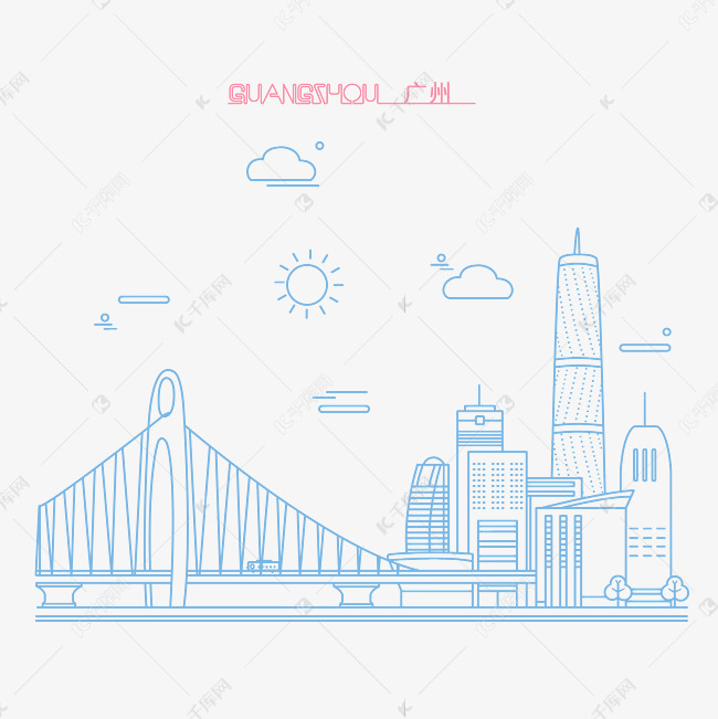 蓝色线条城市轮廓旅游地标广州